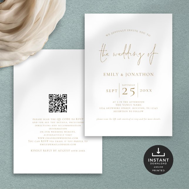 Elegantes Gold Script QR Code Hochzeit Einladung (Front and back view)