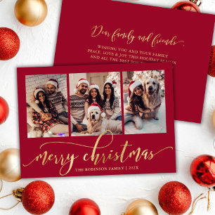 Elegantes Gold Script Red 3 Foto Collage Weihnacht Feiertagskarte