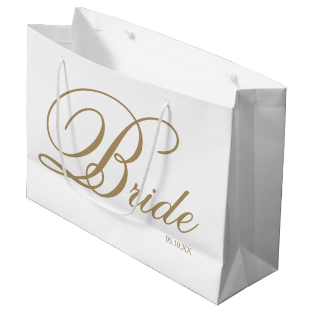 Elegantes Gold Script und White Bride Große Gesche Große Geschenktüte (Vorderseite Schrägansicht)