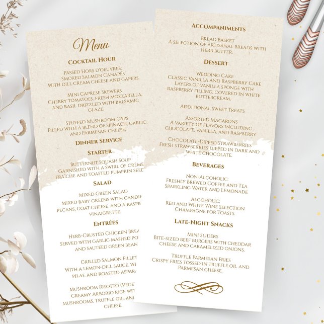 Elegantes Gold Script Wedding Menu Programm (elegant gold script wedding menu)