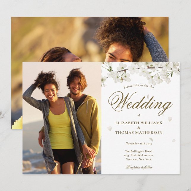 Elegantes Gold Script Weißes Blossom 2 Foto Einladung (Vorne/Hinten)