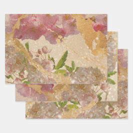 Elegantes Gold Shimmer Blumendesign Geschenkpapier Set