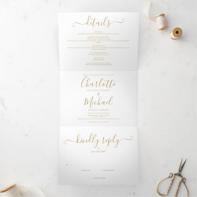 Elegantes Gold Signature Script Foto Hochzeit Dreifach Gefaltete Einladung (Innenseite)