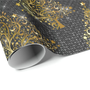 Elegantes Gold Silver Glitzer Weihnachtsbaum Muste Geschenkpapier