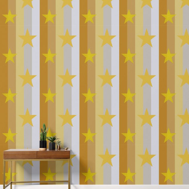 Elegantes Gold Silver Gray Stiped Stars Muster Tapete (Korridor)