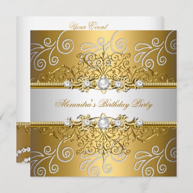 Elegantes Gold Silver Lace Diamond Overlay Party Einladung (Vorne/Hinten)