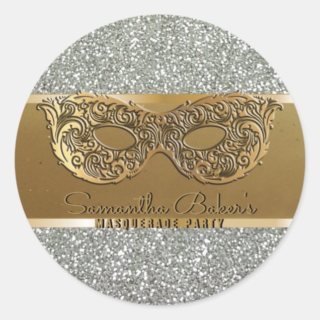 Elegantes Gold Silver Masquerade Party Geburtstag Runder Aufkleber (Vorderseite)
