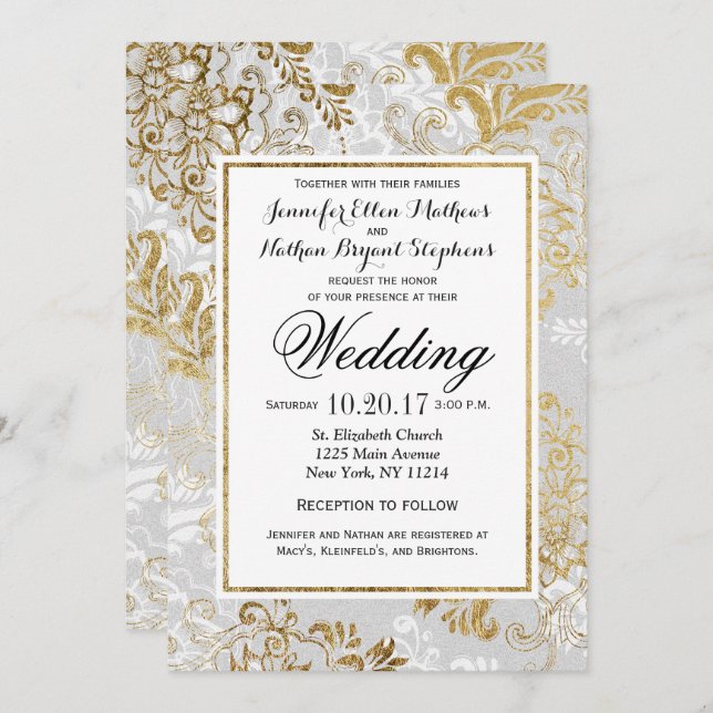 Elegantes Gold Silver und Gray Floral Wedding Einladung (Vorne/Hinten)