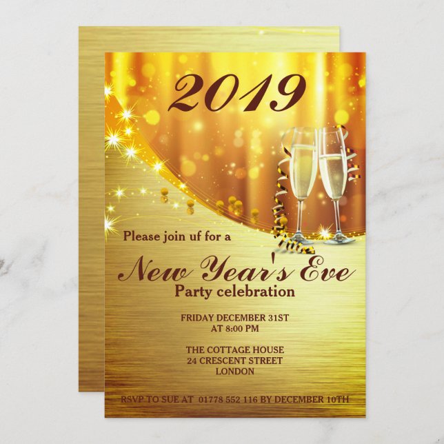 Elegantes Gold Silvester Party Einladung (Vorne/Hinten)