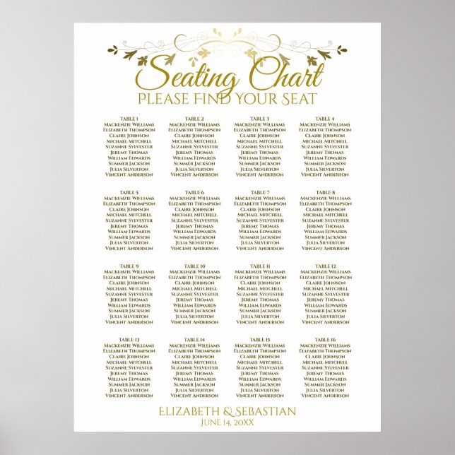 Elegantes Gold Simple 16 Table Wedding Seating Cha Poster (Vorne)