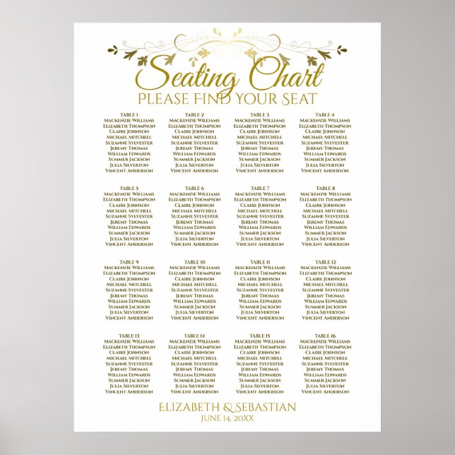 Elegantes Gold Simple 16 Table Wedding Seating Cha Poster (Vorne)