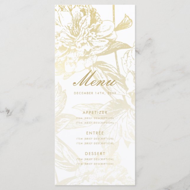Elegantes Gold Simple Floral Wedding Menü Menükarte (Vorderseite)