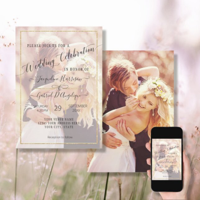 Elegantes Gold Simple Minimal Script Wedding Foto  Einladung (Von Creator hochgeladen)