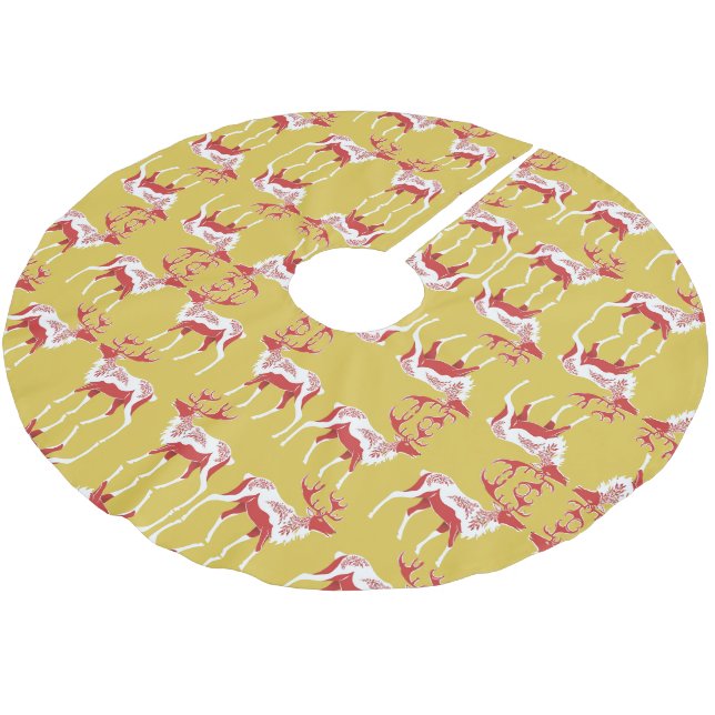 Elegantes Gold Snow Deer Moose fröhliches Weihnach Polyester Weihnachtsbaumdecke (Schrägansicht)