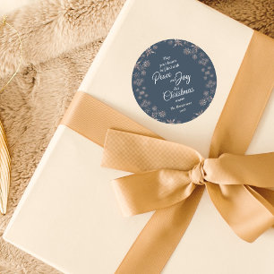 Elegantes Gold Snowflakes Peace Joy Blue Runder Aufkleber