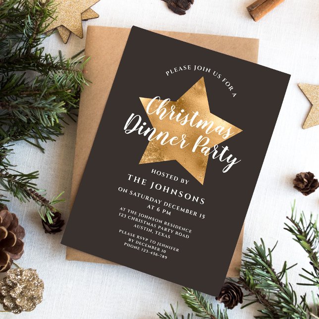 Elegantes Gold Star Weihnachts-Dinner Party Einladung (Elegant Brown Gold Star Christmas Dinner Party Invitation)