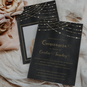 Elegantes Gold String Lights Foto Quinceanera Einladung