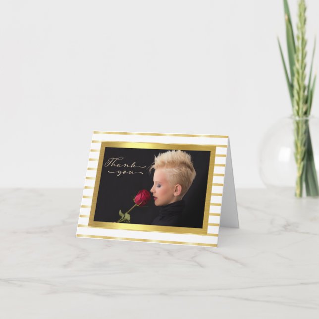 Elegantes Gold Stripe Foto Danke Karte (Vorderseite)