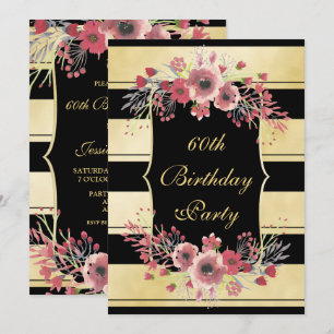 Elegantes Gold Stripes BlumenAquarell 60. Einladung