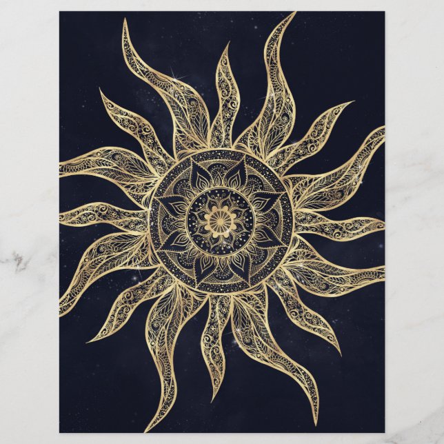 Elegantes Gold Sun Mandala Blauer Nebel Design Briefbogen (Vorderseite)