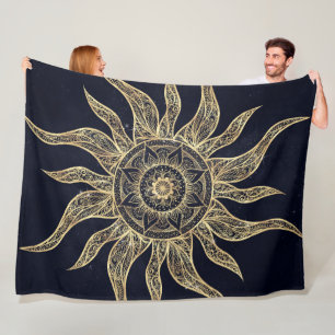 Elegantes Gold Sun Mandala Blauer Nebel Design Fleecedecke