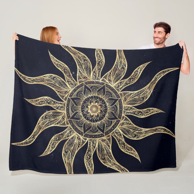 Elegantes Gold Sun Mandala Blauer Nebel Design Fleecedecke (Beispiel)