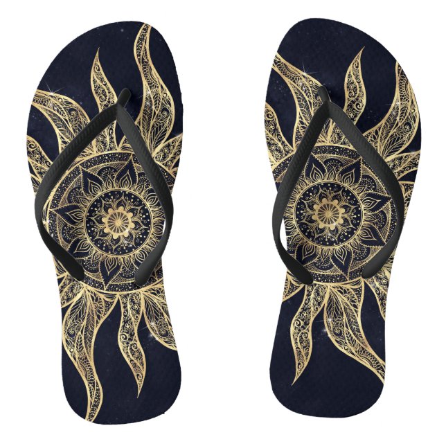 Elegantes Gold Sun Mandala Blauer Nebel Design Flip Flops (Fußbett)