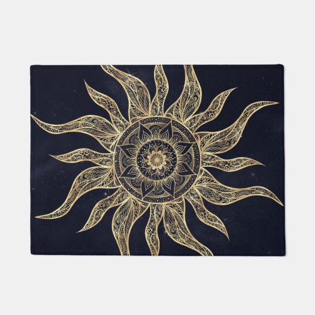 Elegantes Gold Sun Mandala Blauer Nebel Design Fußmatte (Vorderseite)