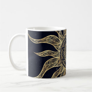 Elegantes Gold Sun Mandala Blauer Nebel Design Kaffeetasse