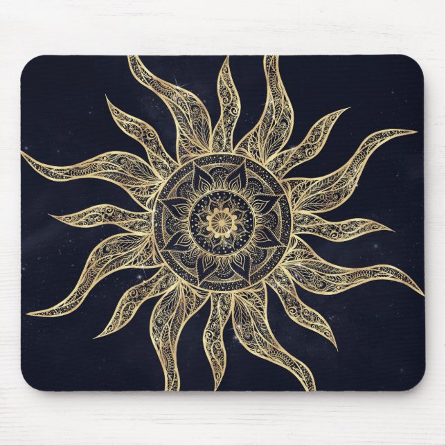 Elegantes Gold Sun Mandala Blauer Nebel Design Mousepad (Vorne)