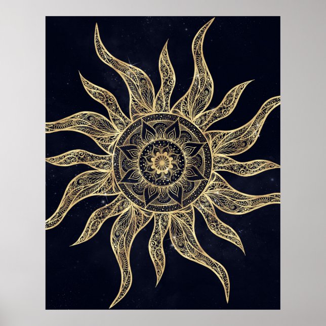 Elegantes Gold Sun Mandala Blauer Nebel Design Poster (Vorne)