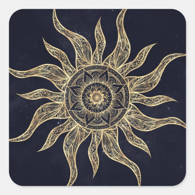 Elegantes Gold Sun Mandala Blauer Nebel Design Quadratischer Aufkleber (Vorderseite)