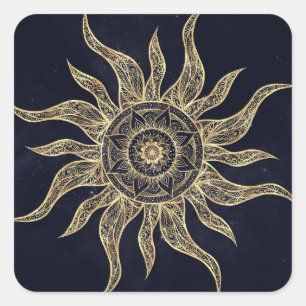 Elegantes Gold Sun Mandala Blauer Nebel Design Quadratischer Aufkleber