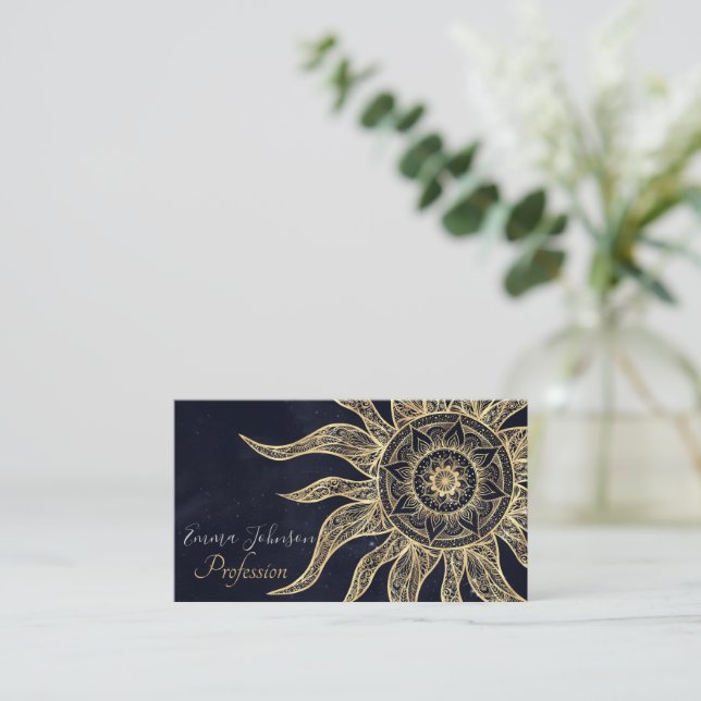 Elegantes Gold Sun Mandala Blauer Nebel Design Visitenkarte (Stehend Vorderseite)