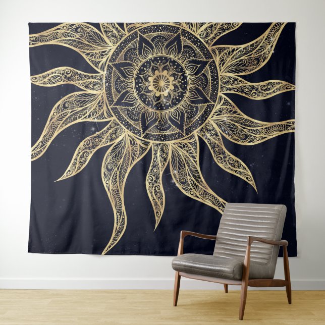 Elegantes Gold Sun Mandala Blauer Nebel Design Wandteppich (Beispiel (Horizontal))