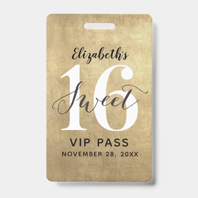 Elegantes Gold Sweet 16 Geburtstag VIP Abzeichen Ausweis (Vorderseite)