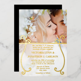 Elegantes Gold Swirl Foto Hochzeit Folieneinladung