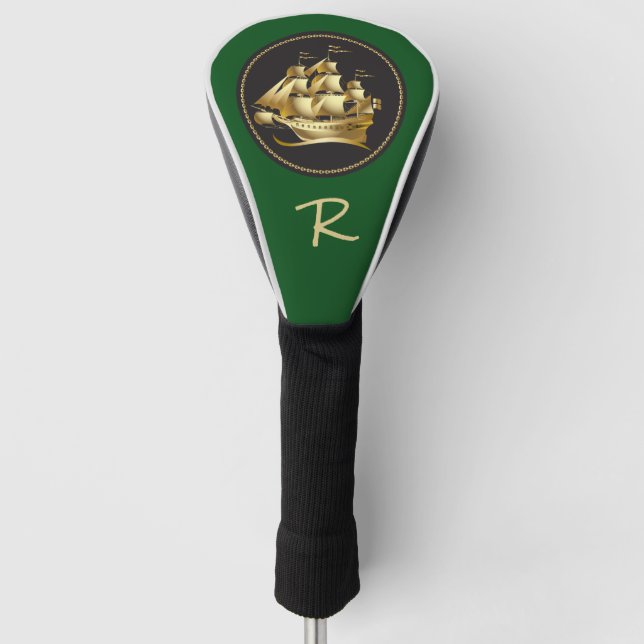 Elegantes Gold Tall Masted Ship mit Monogramm Golf Headcover (Vorderseite)