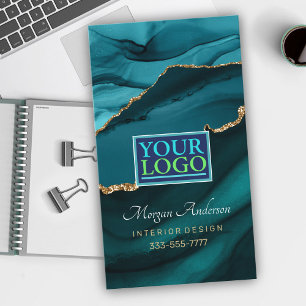 Elegantes Gold & Teal-Achat, QR-Code-Logo Pro Visitenkarte