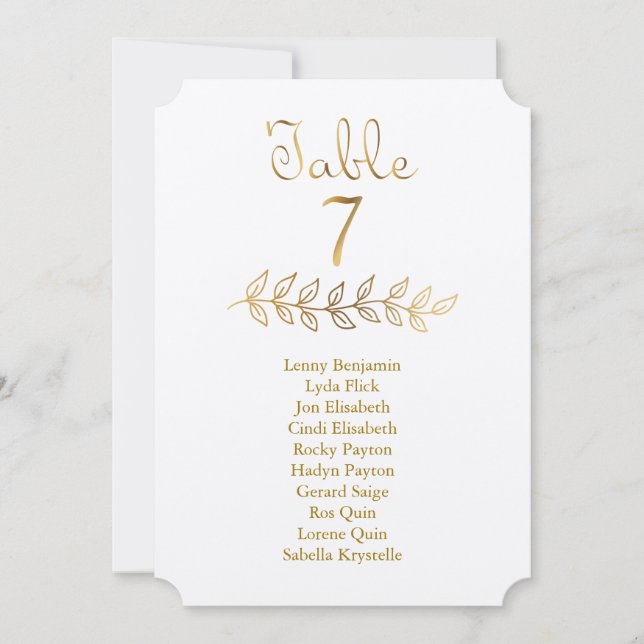 Elegantes Gold Tischnummer 7 Seating Chart Ticket (Vorderseite)
