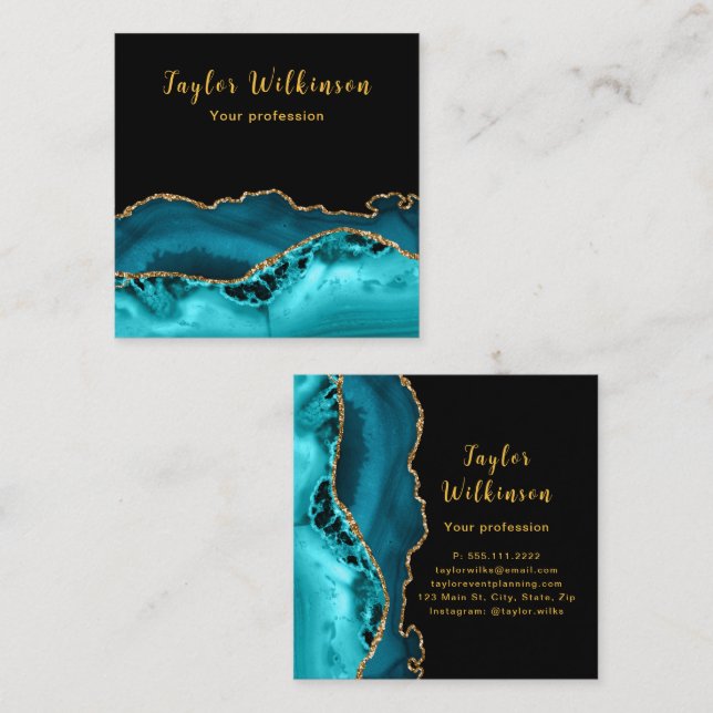 Elegantes Gold und Aquamarin Blue Agate Quadratische Visitenkarte (Vorne/Hinten)