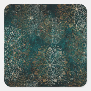 Elegantes Gold und Aquamarines Mandala-Muster Quadratischer Aufkleber
