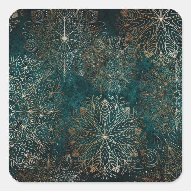 Elegantes Gold und Aquamarines Mandala-Muster Quadratischer Aufkleber (Vorderseite)