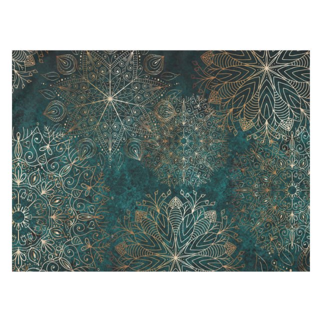 Elegantes Gold und Aquamarines Mandala-Muster Tischdecke (Vorderseite (Horizontal))