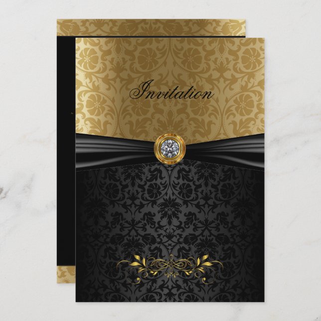 Elegantes Gold und Black Damask Einladung (Vorne/Hinten)