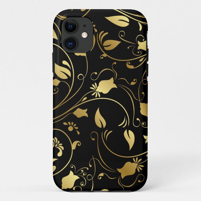 Elegantes Gold und Black Floral iPhone Case (Rückseite)