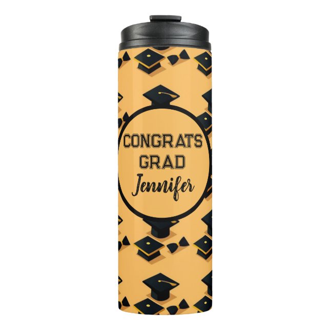 Elegantes Gold- und Black Graduation Cap Muster Thermosbecher (Vorderseite)