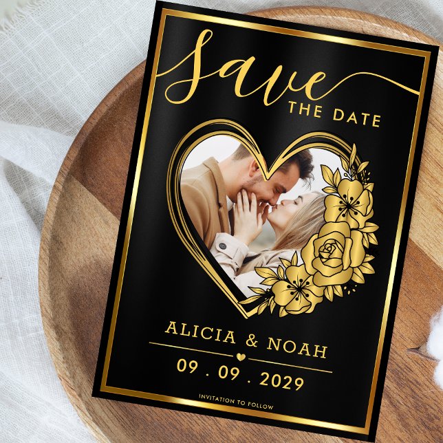 Elegantes Gold- und Black Heart-Foto Save the Date (Von Creator hochgeladen)