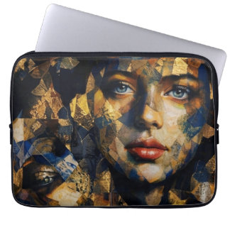 Elegantes Gold- und Blau-Mosaik-Frauenporträt - Ab Laptopschutzhülle