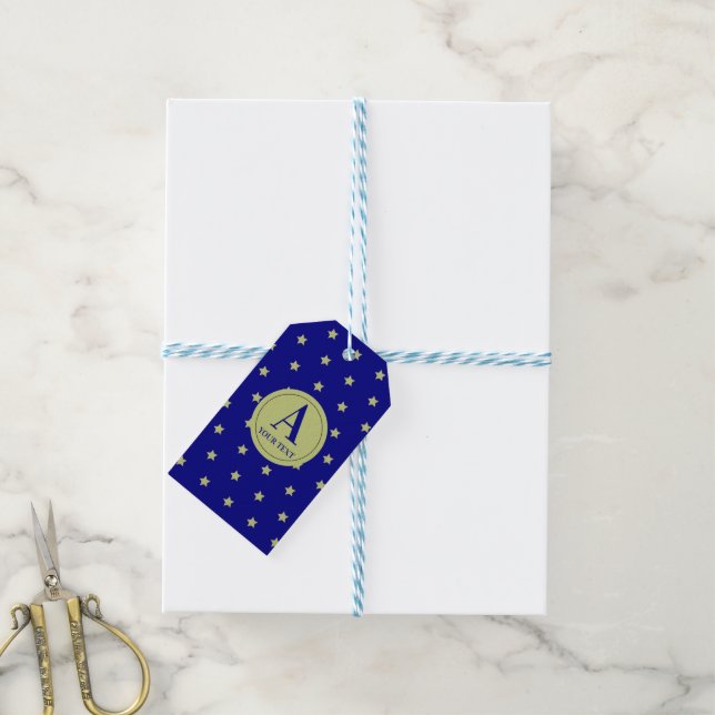 Elegantes Gold- und Blau-Sternmuster-Monogramm Geschenkanhänger (Mit Garn)